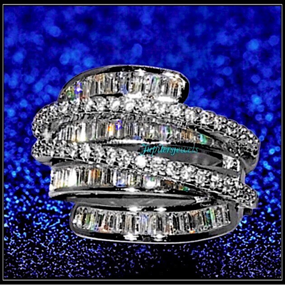 New 2CT SILVER SQUARE CUT SPIRAL SPACE AGE ORBIT SIMULATED DIAMOND BAGUETTE RING